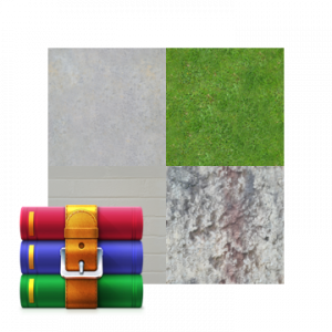 winrar icon and a square showcasing concrete,grass,brick and rock textures